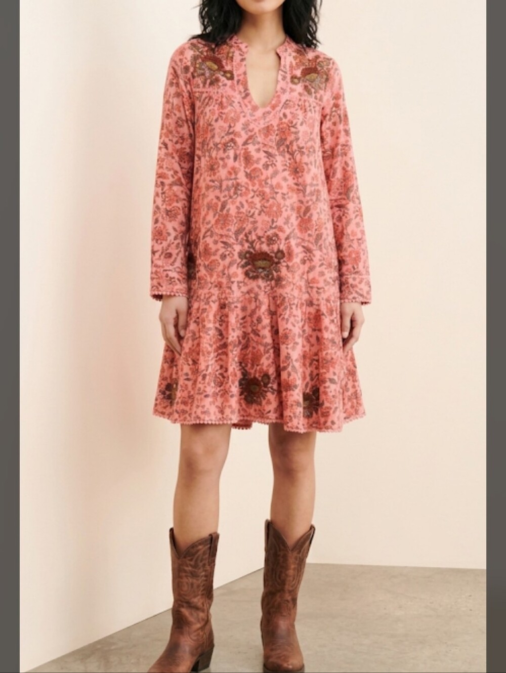 Ollari New York Floral Embroidered Boho Tunic Mini Dress Oversized